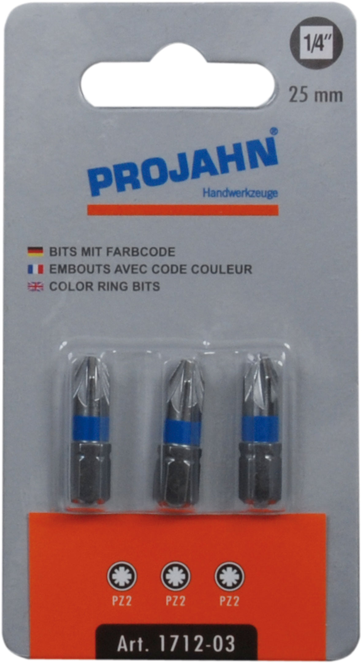 Bits mit Farbcode, Color Ring Bits, 25 mm, 1/4 Zoll, PZ2,