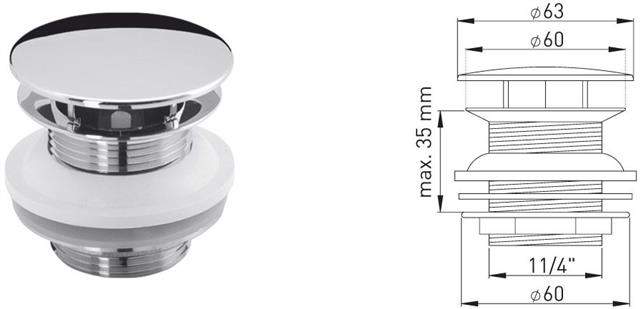 ASW Design-Schaftventil Messing verchromt, 1 1/4"x60x80mm, mit Haube -107510