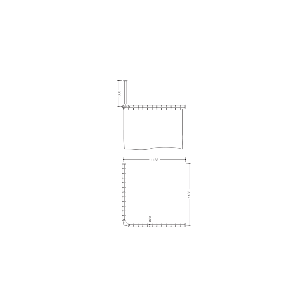 HEWI Vorhangstange 801 1200 x 1200 mm, 24 Vorhangringe, signalweiß, mit Deckenabhängung und Duschvorhang-801.34.1162 98