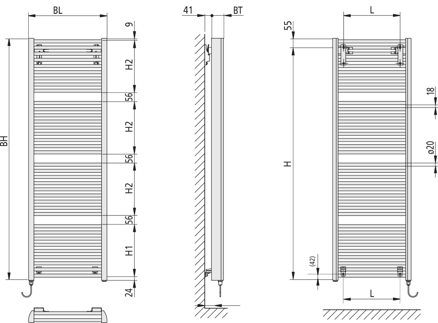 Kermi Bad-Heizkörper Duett E 1188x484mm, weiß (R 9016), ESet WWS links-DUE2012450101XK
