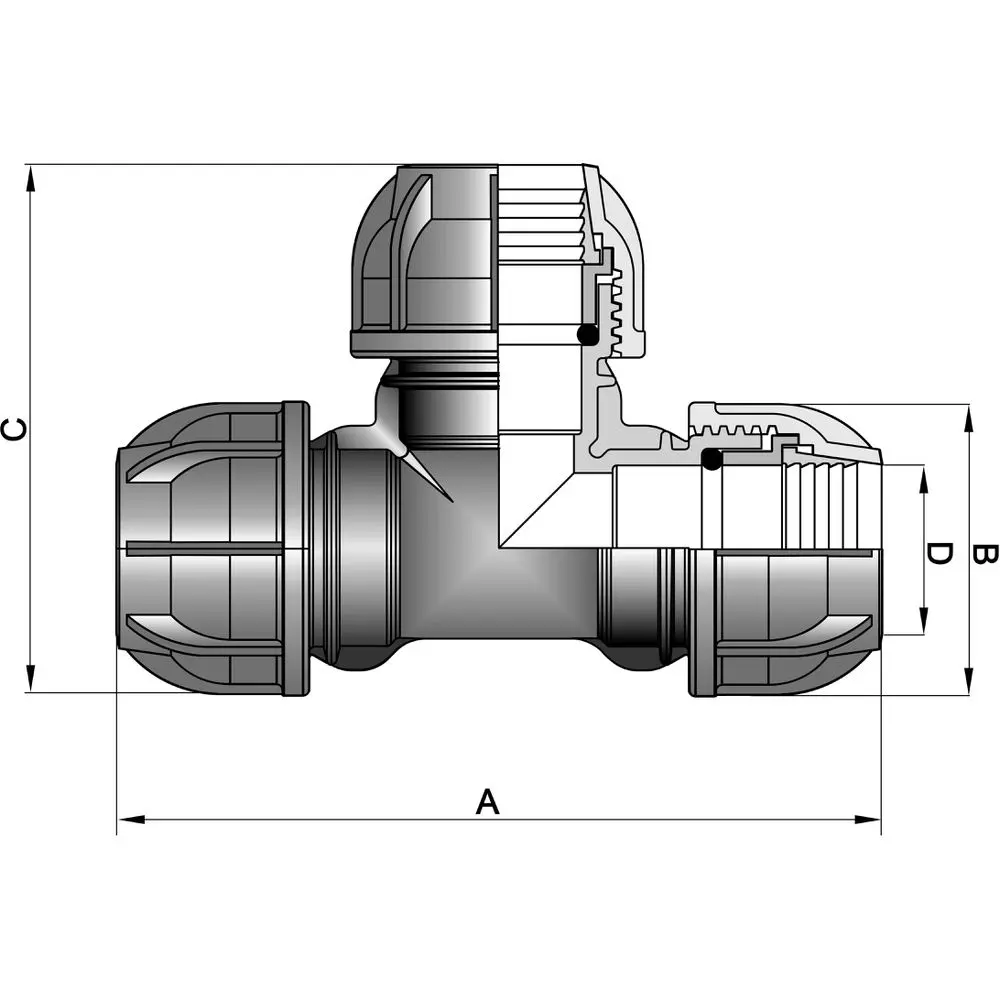 Gebo Plast T-Stück 50 x 50 x 50 mm, mit 3 Seiten zum Klemmen-131050