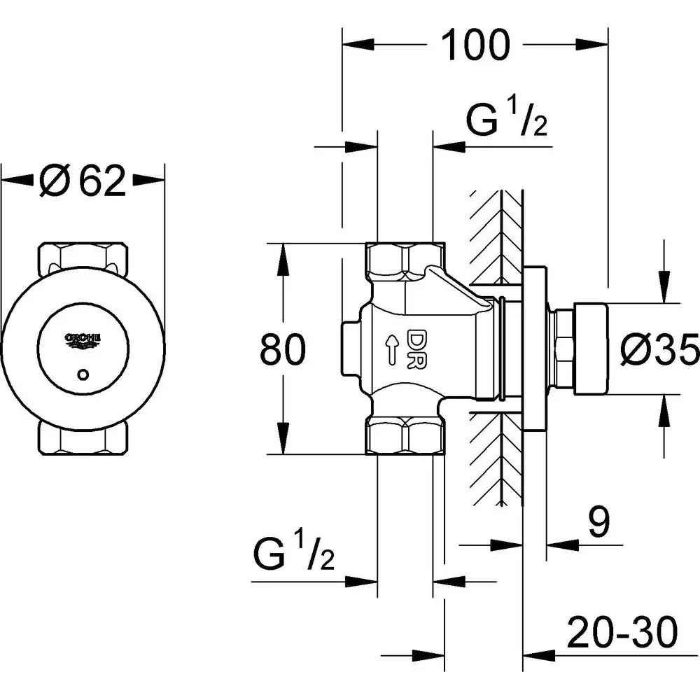 GROHE Selbstschluss-Durchgangsventil Euroeco CT 1/2", Markierung blau/rot, chrom -36268000