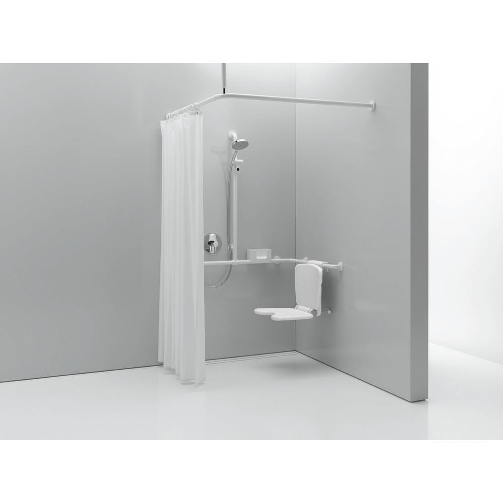 HEWI Vorhangstange 801 1200 x 1200 mm, 24 Vorhangringe, signalweiß, mit Deckenabhängung und Duschvorhang-801.34.1162 98