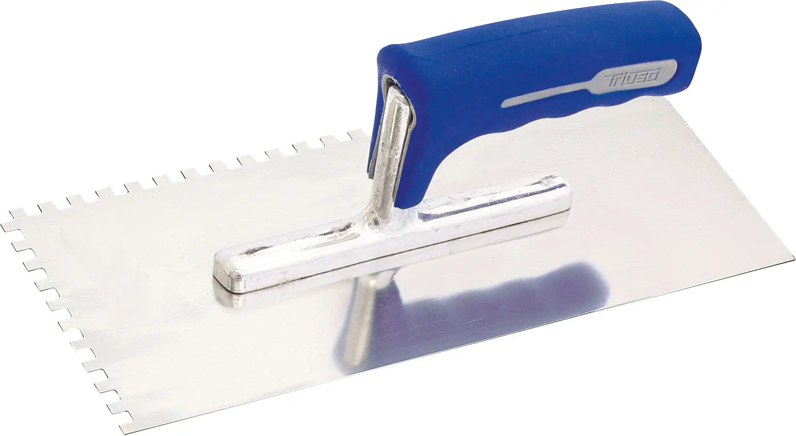 Triuso Glättekelle gezahnt, 2K-Griff blau, Blatt 0,7 mm Edelstahl, 130 x 280 mm, Rechteckzahnung-231106
