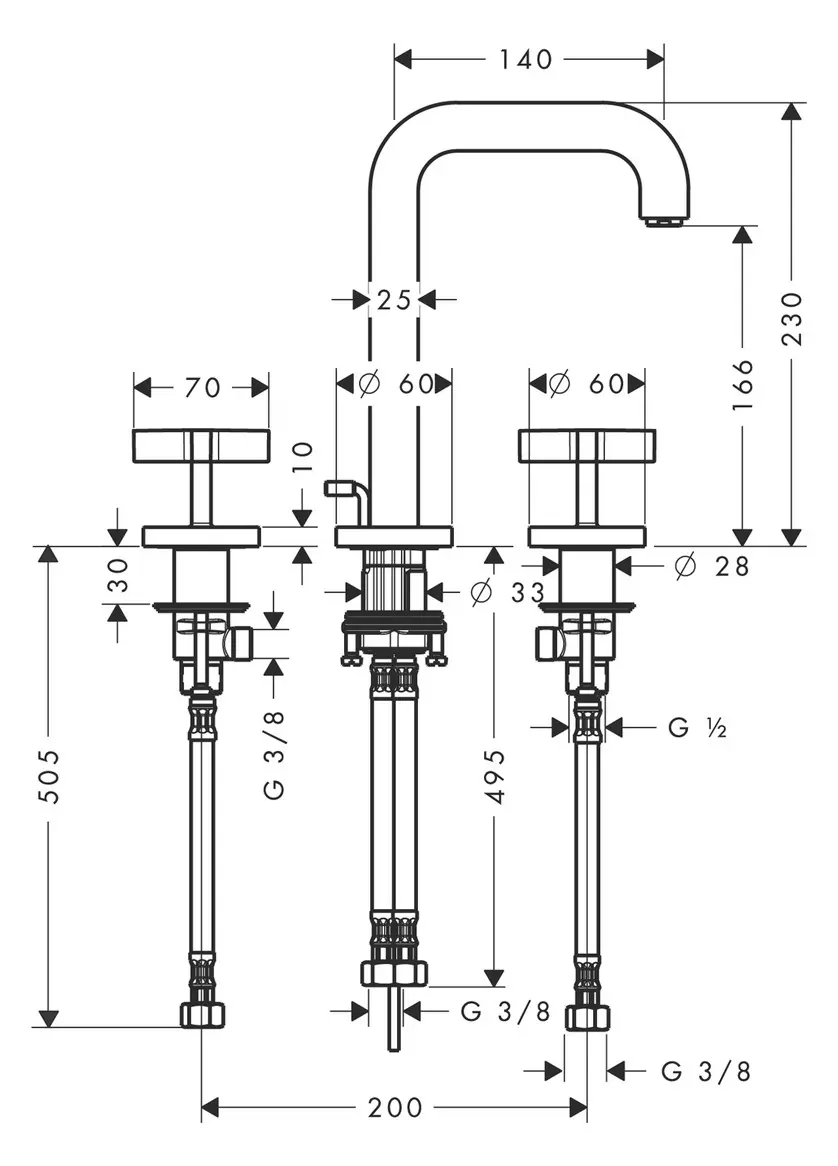 hansgrohe Waschtisch-3-Loch-Armatur Axor Citterio Auslauf 140 mm, Kreuzgriffe, Ablaufgarnitur, chrom-39133000