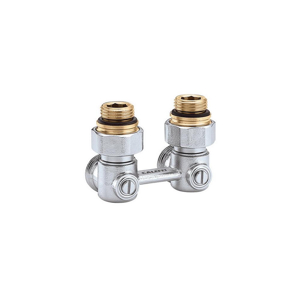 Caleffi Zweirohr-Hahnblock Heizkörperanschluss 1/2" AG, Anschluss Klemmverschraubung 3/4", Eckform-301143