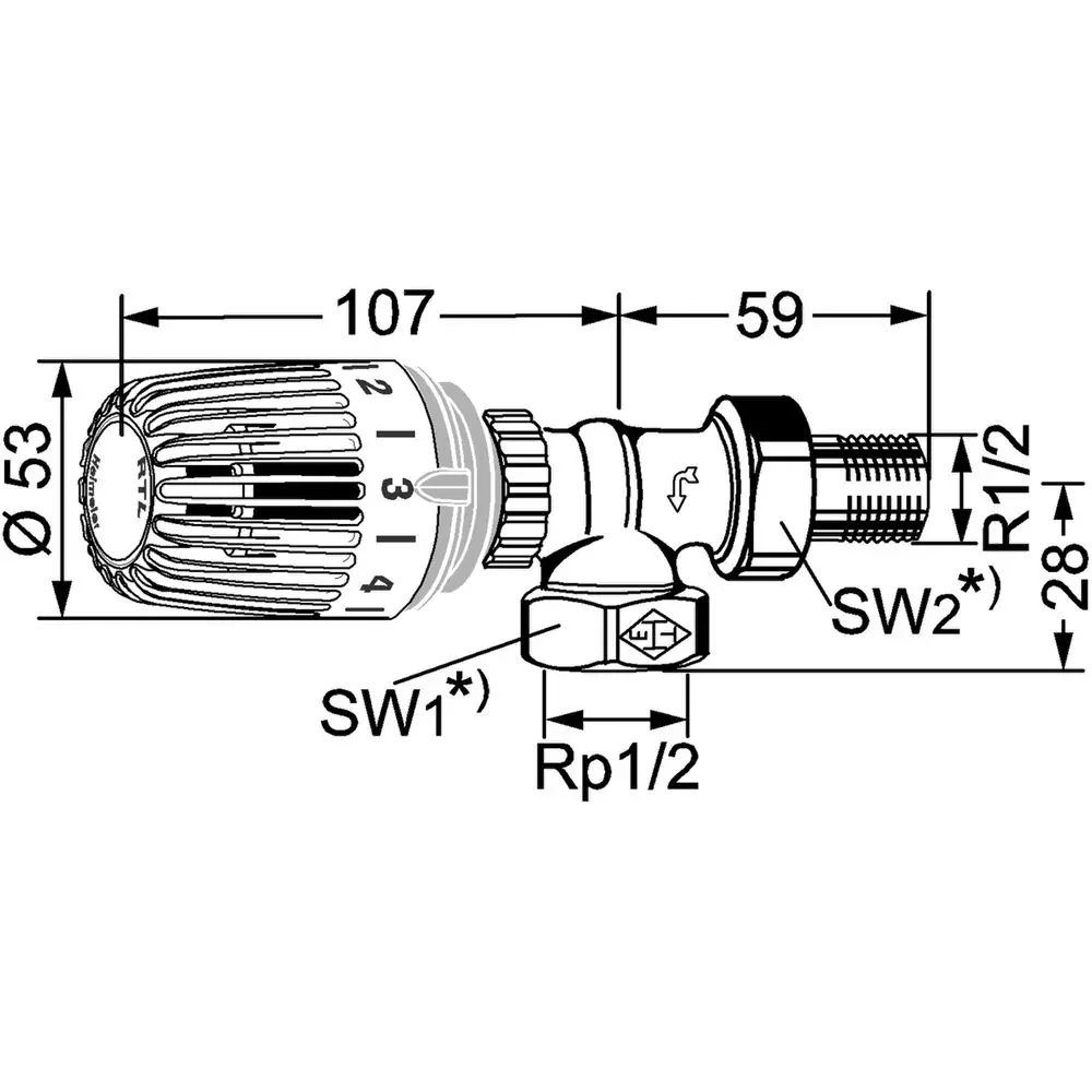 Heimeier Rücklauftemperaturbegrenzer RTL R 1/2, Eck, Axial, ohne Voreinstellung, Rotguss vernickelt-9173-02.800