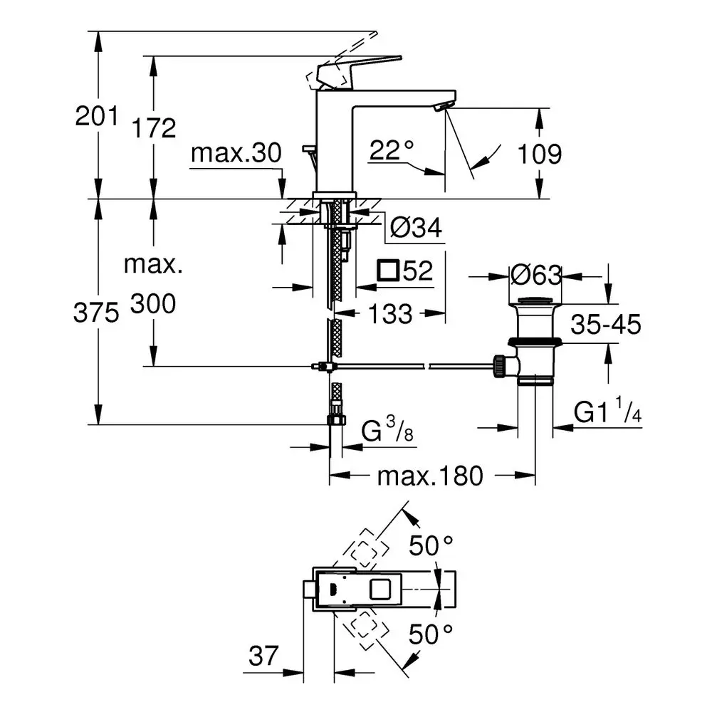 GROHE Waschtisch-Einhebelmischer Eurocube 1/2", M-Size, mit Ablaufgarnitur, chrom -23445000