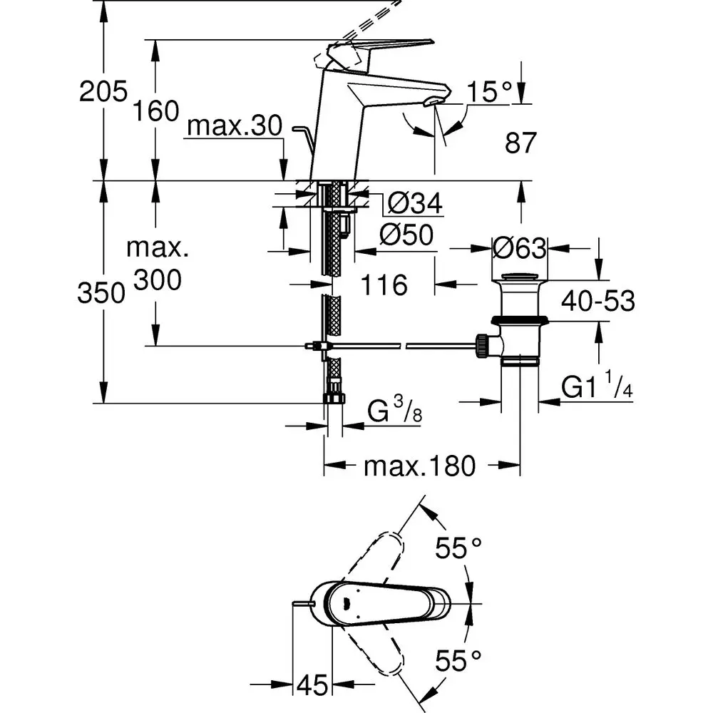 GROHE Waschtisch-Einhebelmischer Eurodisc Cosmopolitan 1/2", S-Size, mit Ablaufgarnitur, Temperaturbegrenzer, chrom-3319020E