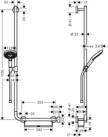Hansgrohe Brauseset Raindance Select S 120 mit 110 cm Brausestange links Unica Comfort, chrom-26324000