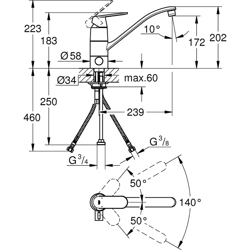 GROHE Spültisch-Einhebelmischer Eurosmart Cosmopolitan 1/2", flacher Auslauf, integrierte Vorabsperrung, chrom -31161000