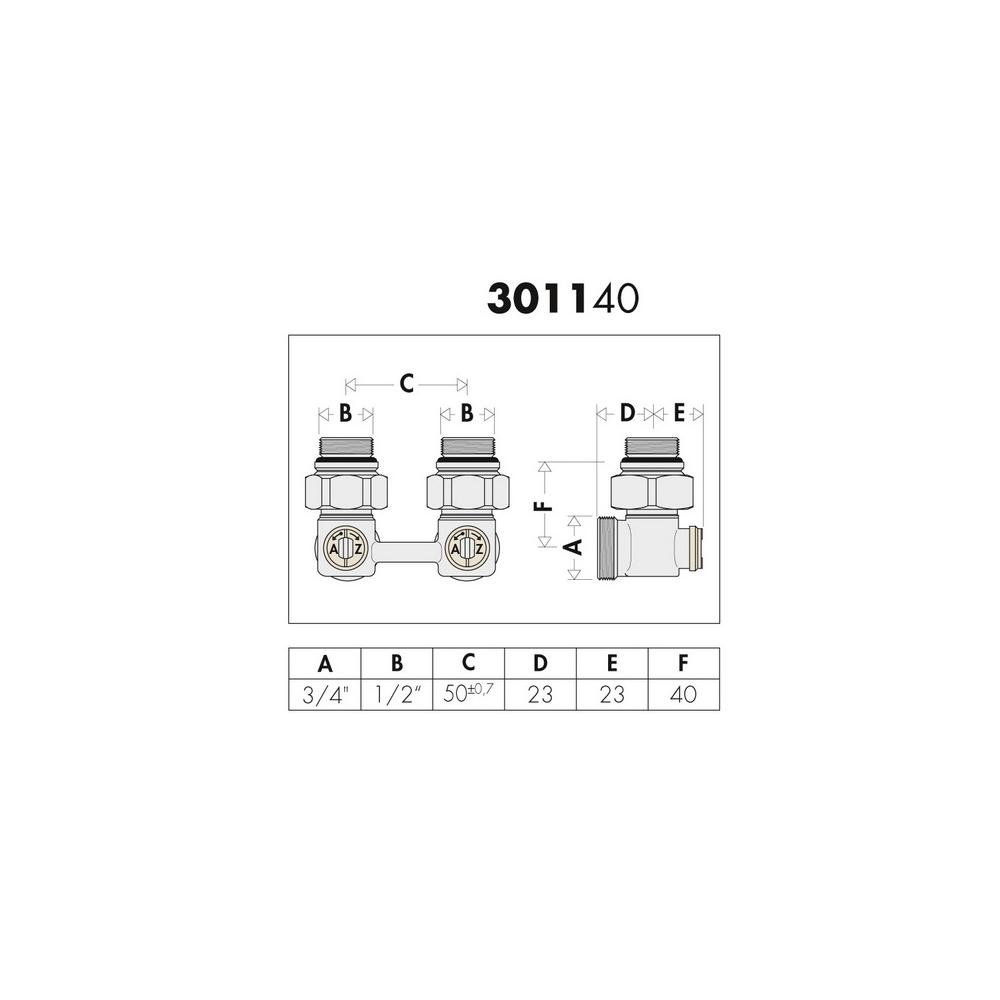 Caleffi Zweirohr-Hahnblock Heizkörperanschluss 1/2" AG, Anschluss Klemmverschraubung 3/4", Eckform-301143