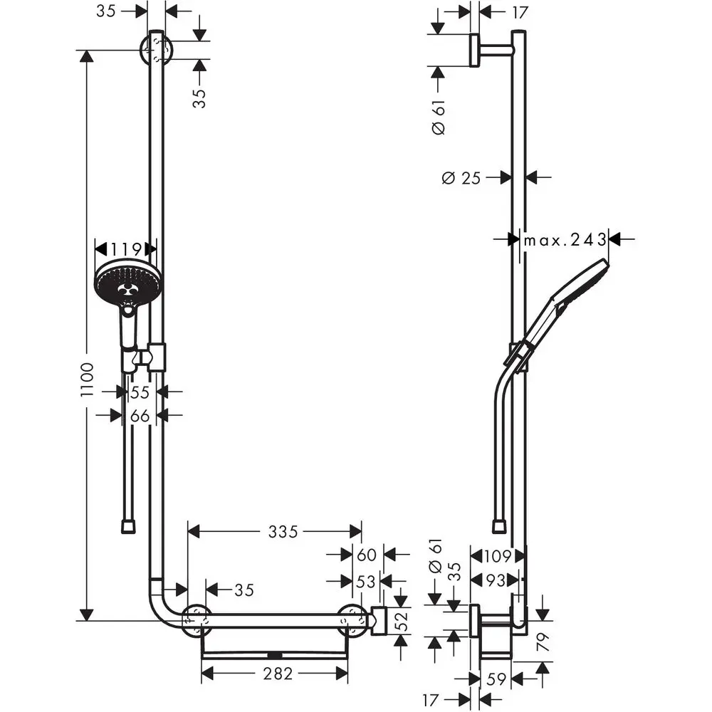 Hansgrohe Brauseset Raindance Select S 120 mit 110 cm Brausestange links Unica Comfort, chrom-26324000
