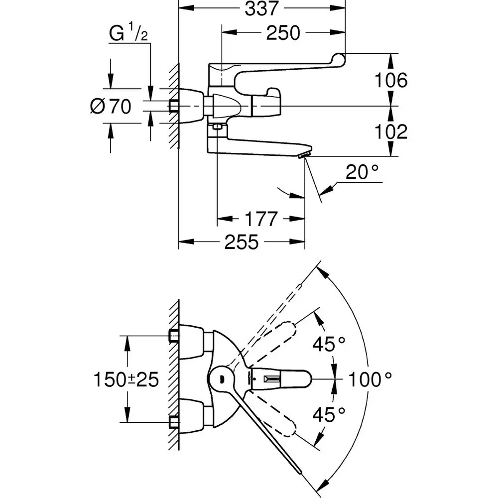 GROHE Waschtisch-Thermostat Grohtherm Spezial 1/2", mit Armhebelbetätigung, Ausladung 25,5cm, chrom -34020001