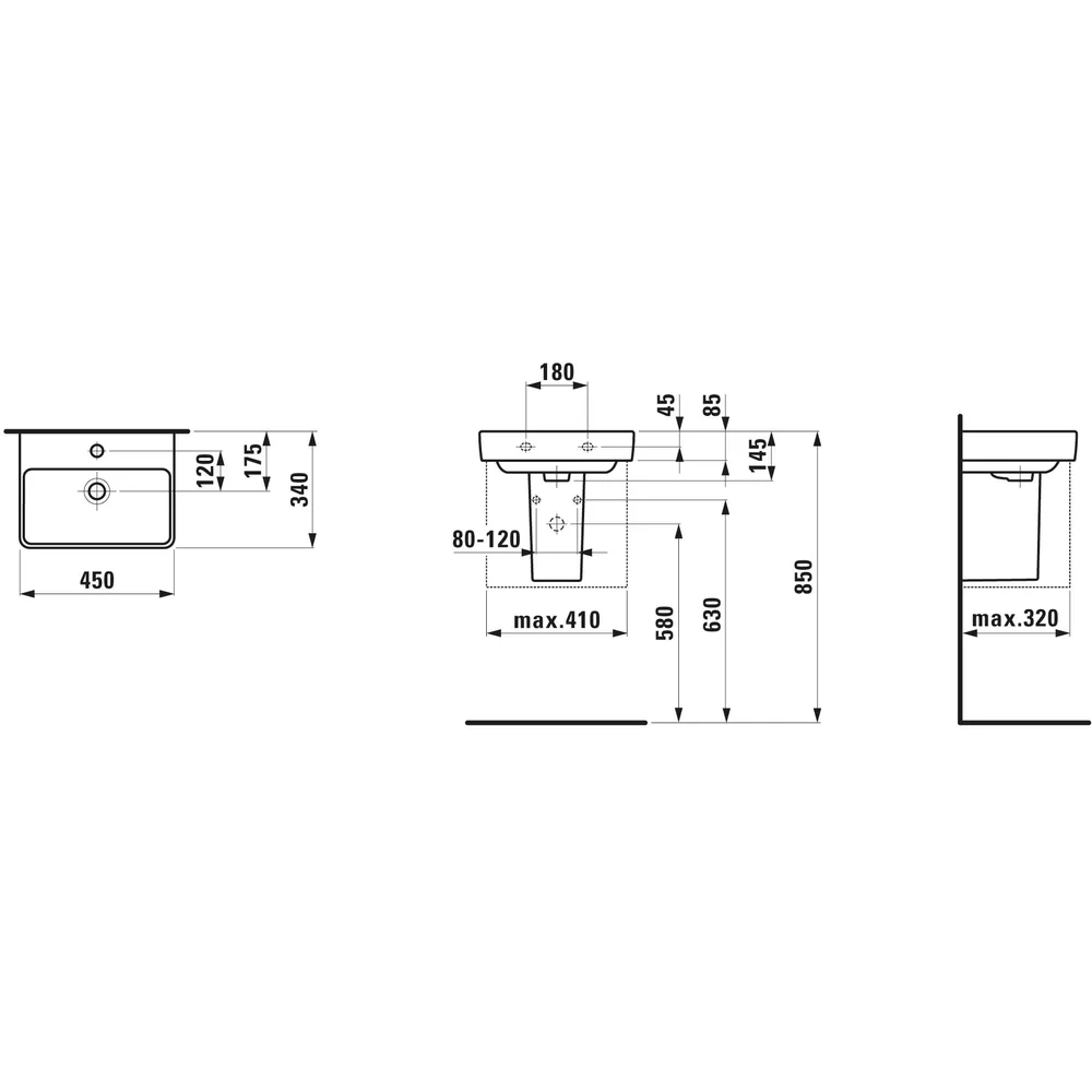 Laufen Handwaschbecken PRO S 45 x 34 cm, 1 HL, mit Überlauf, weiss-H8159610001041
