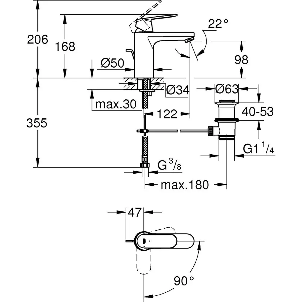GROHE Waschtisch-Einhebelmischer Eurosmart Cosmopolitan 1/2", M-Size, mit Ablaufgarnitur, Temperaturbegrenzer, chrom -2339600E