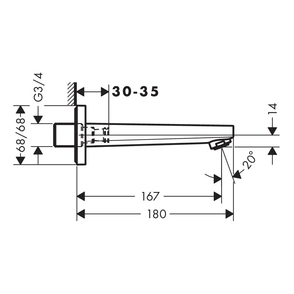Hansgrohe Wanneneinlauf Metropol Ausladung 167,5 mm, Wandmontage, Normalstrahl, chrom-32542000