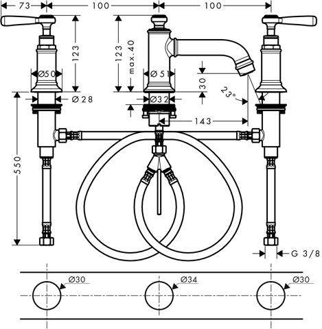 Waschtisch-3-Loch-Armatur Axor Montreux 30 DN 15, chrom, mit Ablaufgarnitur 143mm, Hebelgriff-16535000