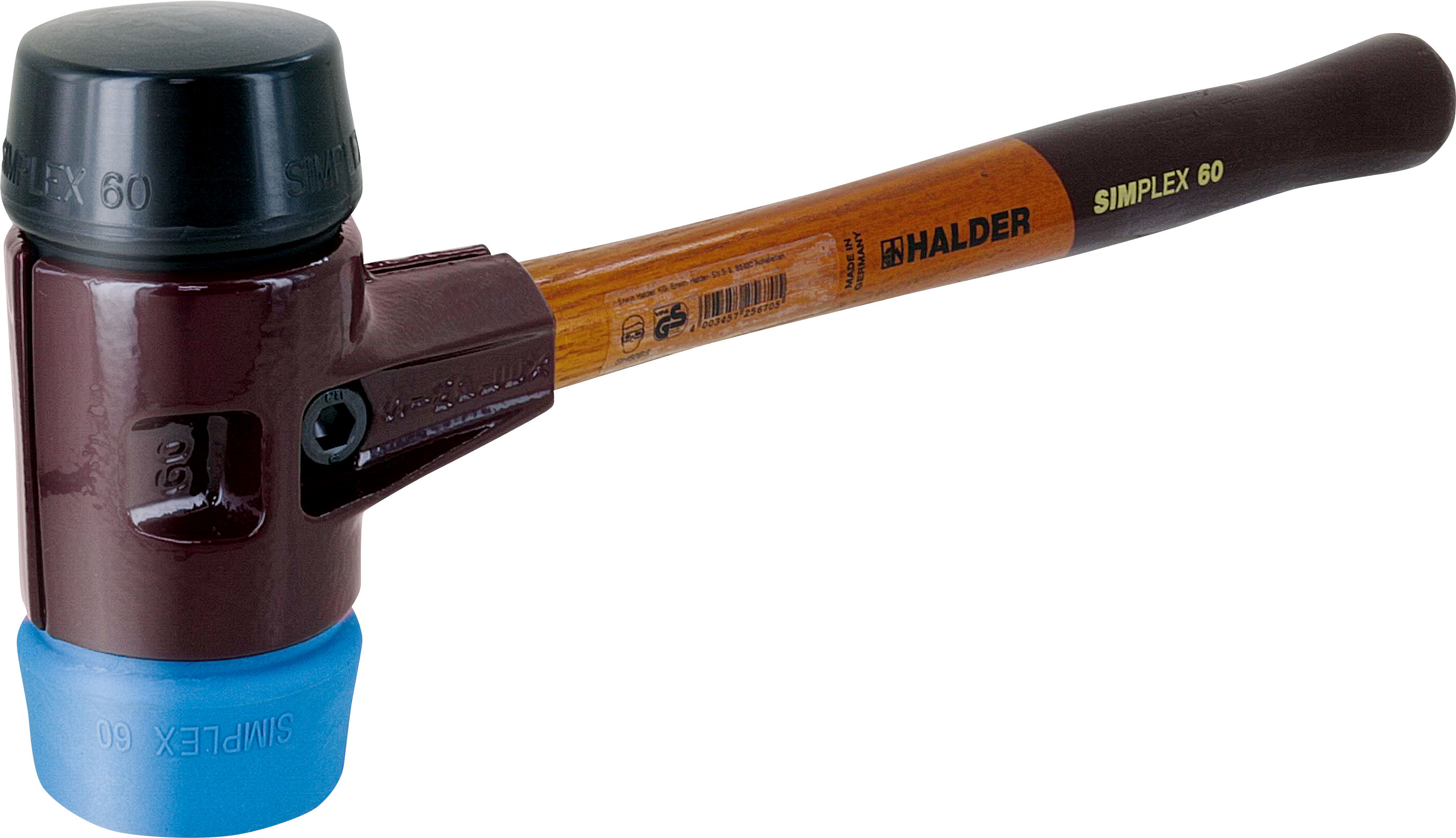 Triuso Simplex-Schonhammer, Gummi schwarz, TPE-soft blau, mit Holzstiel, Ø 60 x 150 x 400 mm-SH60BS