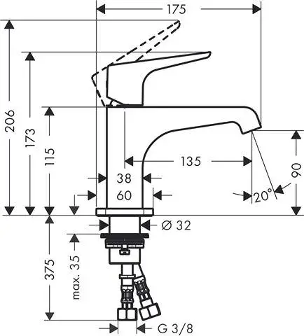 Waschtisch-Einhebelmischer Axor Citterio E 90 Ausladung 135 mm, nicht verschließbares Ventil, mit He-36112000