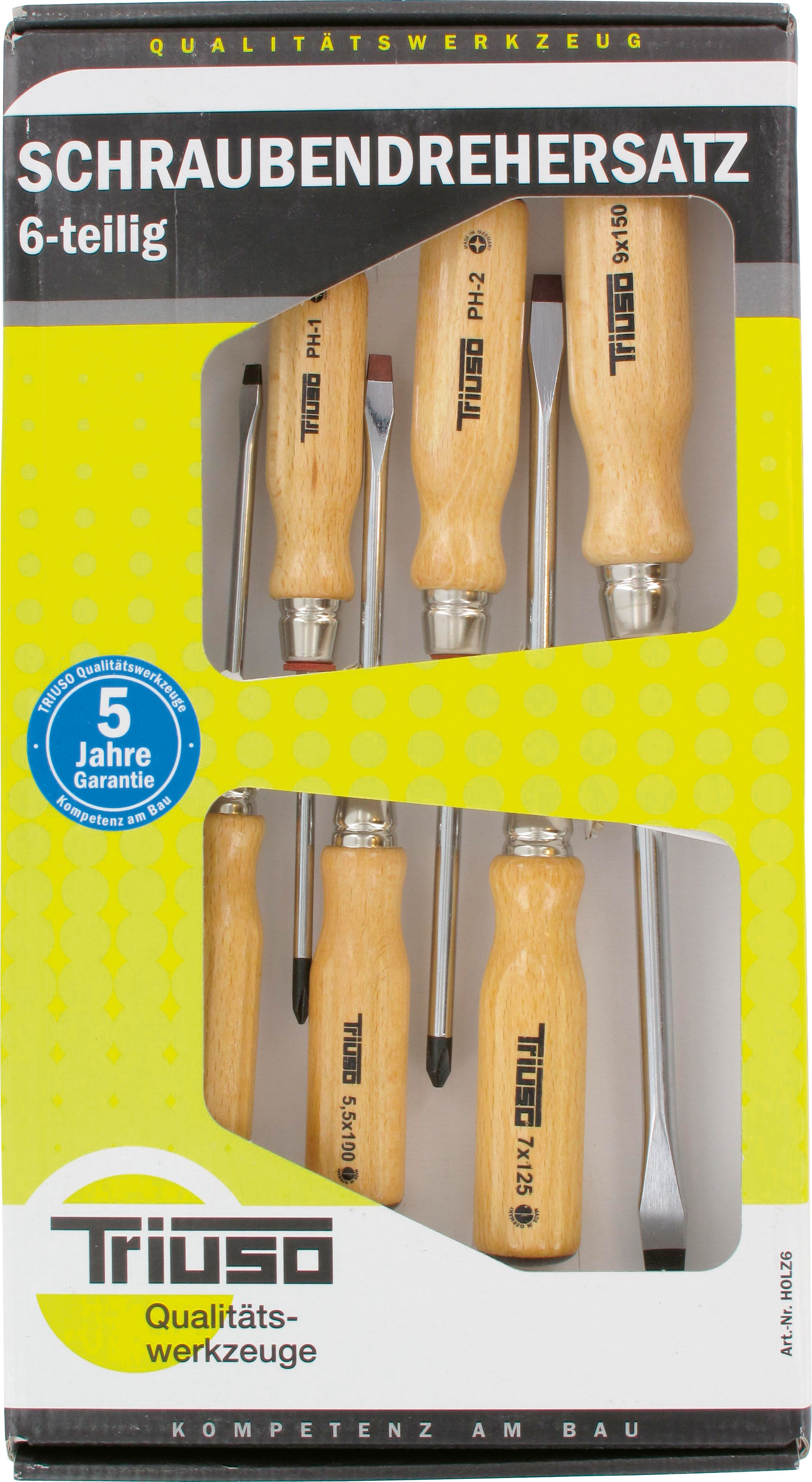 Triuso Schraubendreher-Satz 6-tlg., mit Holzgriff, schlagfeste Lederkappe, 4x Schlitz und 2 x PH-HOLZ6
