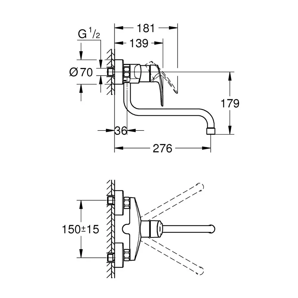 GROHE Wand-Spültisch-Einhebelmischer Eurosmart  1/2", Ausladung 276mm, chrom -32224003 GROHE Wand-Spültisch-Einhebelmischer Eurosmart  1/2", Ausladung 276mm, chrom -32224003
