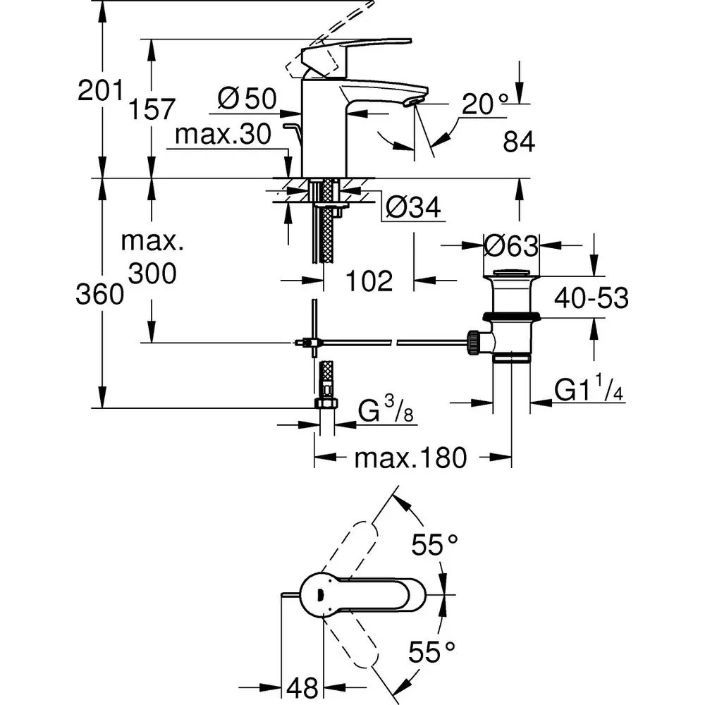 GROHE Waschtisch-Einhebelmischer Eurostyle Cosmopolitan 1/2", S-Size, mit Ablaufgarnitur, Temperaturbegrenzer, chrom-3355220E GROHE Waschtisch-Einhebelmischer Eurostyle Cosmopolitan 1/2", S-Size, mit Ablaufgarnitur, Temperaturbegrenzer, chrom-3355220E