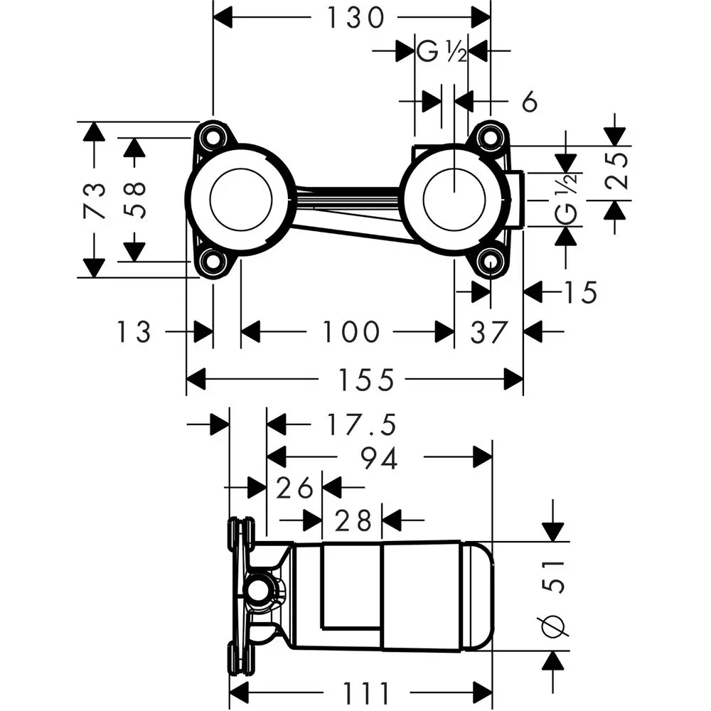 hansgrohe Grundkörper Axor DN 15, für UP-Waschtisch-Einhebelmischer, Wandmontage-13623180 hansgrohe Grundkörper Axor DN 15, für UP-Waschtisch-Einhebelmischer, Wandmontage-13623180