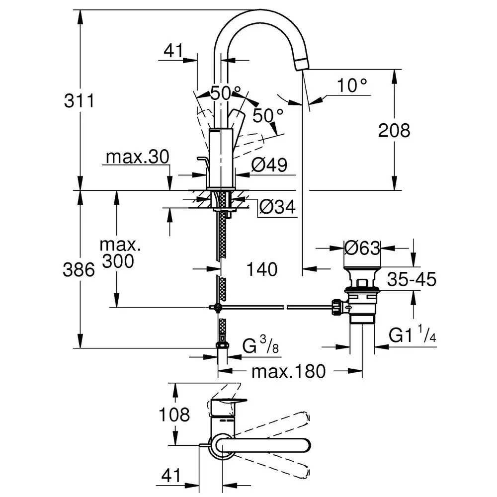 GROHE Waschtisch-Einhebelmischer BauEdge 1/2", L-Size, mit Ablaufgarnitur, Temperaturbegrenzer, chrom-23760001