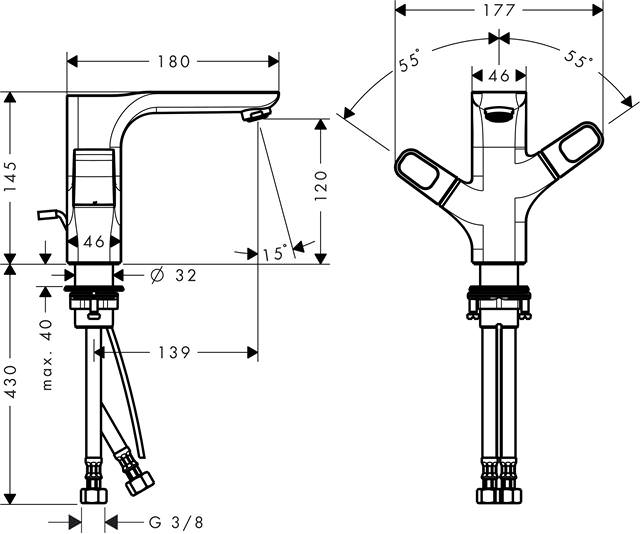 Waschtisch-Zweigriffarmatur Axor Urquiola 120 Ausladung 139 mm, mit Ablaufgarnitur, chrom-11024000