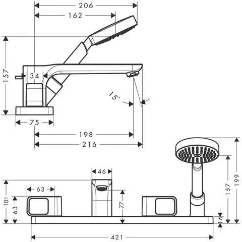 hansgrohe Fertigmontageset Axor Urquiola 4-Loch-Wannenrandarmatur, Ausladung 198 mm, chrom-11443000
