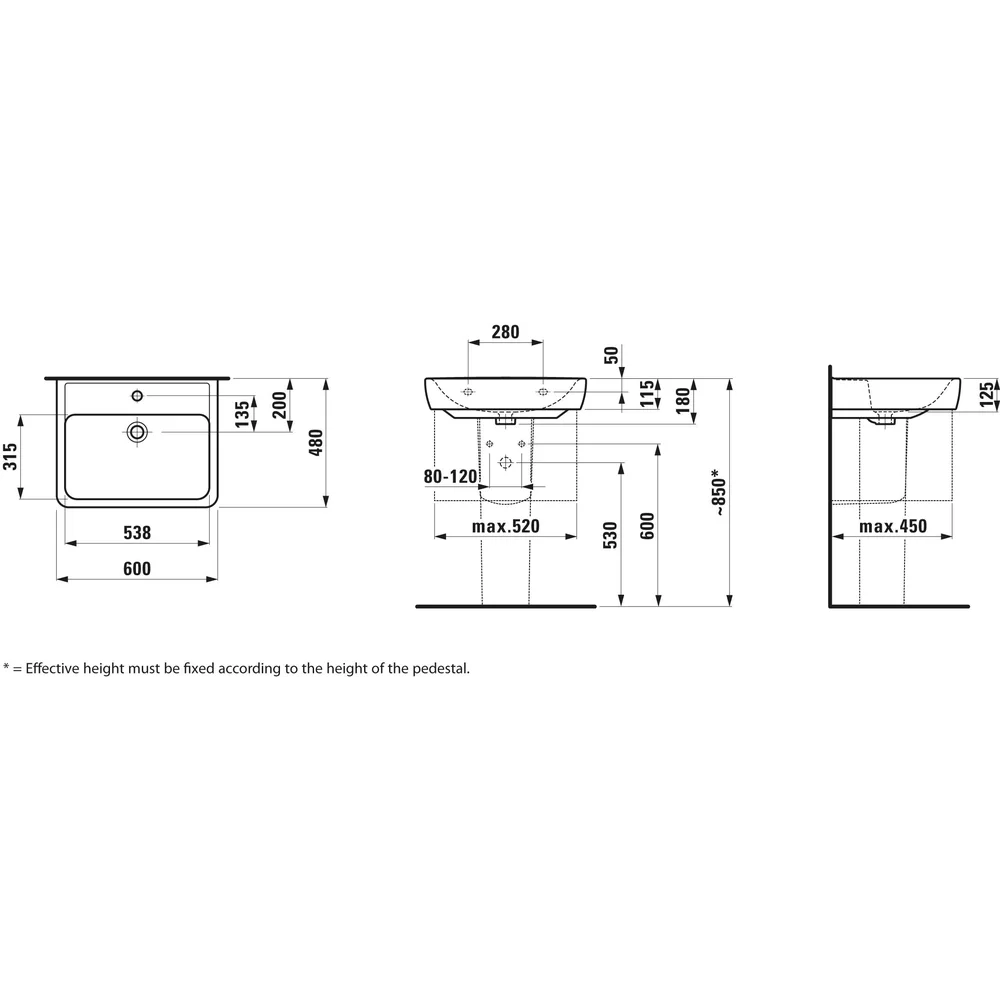 Laufen Waschtisch PRO A ÜL, 1 HL, weiß 60 x 48 cm, unterbaufähig-H8189520001041