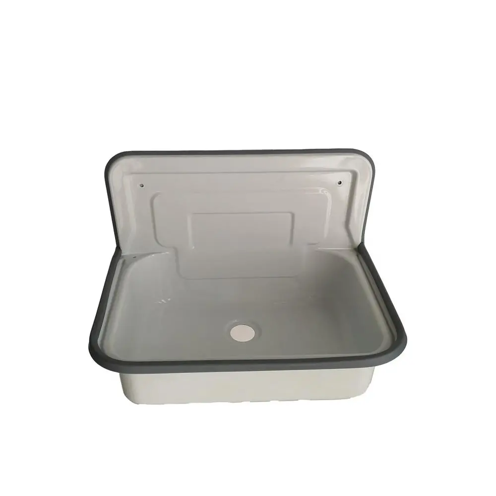 Gramm Stahl-Ausgussbecken ohne Überlauf, Ablaufventil 11/2", Stopfen und Kette weiß 505x330mm -