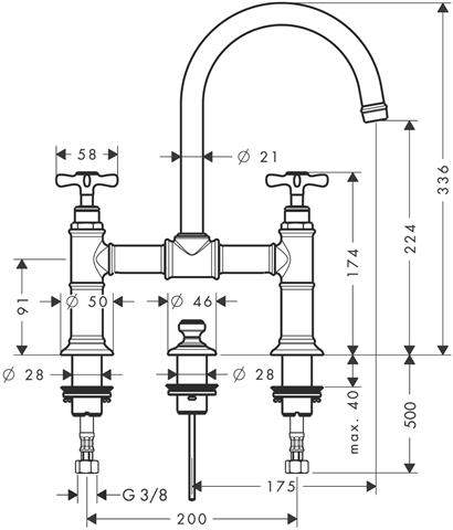 hansgrohe Waschtisch-Zweigriff-Brücken-Armatur Axor Montreux 220 DN 15, chrom, Ausladung 175mm, mit-16510000