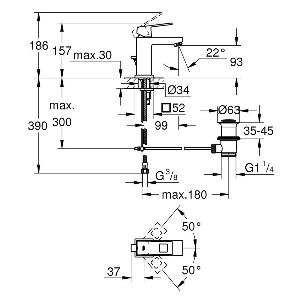 GROHE Waschtisch-Einhebelmischer Eurocube 1/2", S-Size, mit Ablaufgarnitur, mit Temperaturbegrenzer, chrom-2312700E