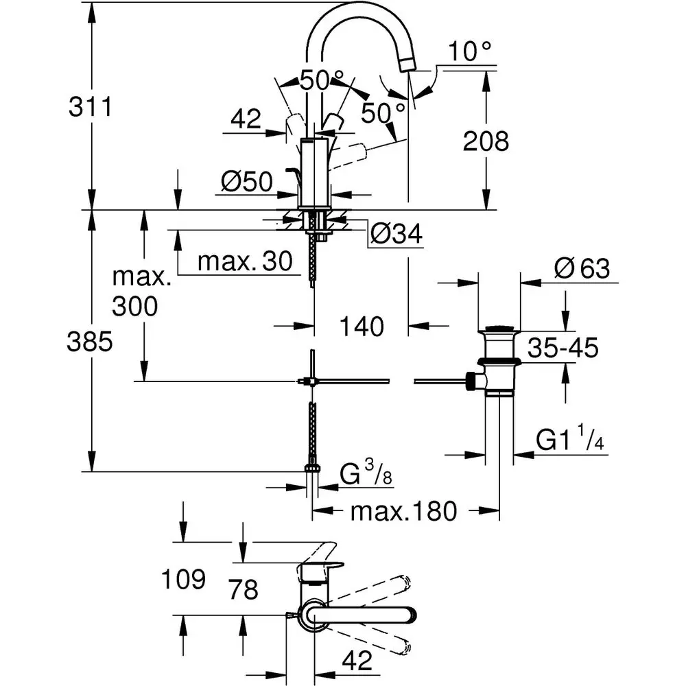 GROHE Waschtisch-Einhebelmischer Eurosmart, 1/2", L-Size, mit Ablaufgarnitur, Temperaturbegrenzer, chrom-23537003