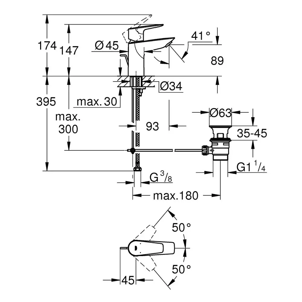 GROHE Waschtisch-Einhebelmischer BauEdge 1/2", S-Size, mit Ablaufgarnitur, Temperaturbegrenzer, chrom-23328001