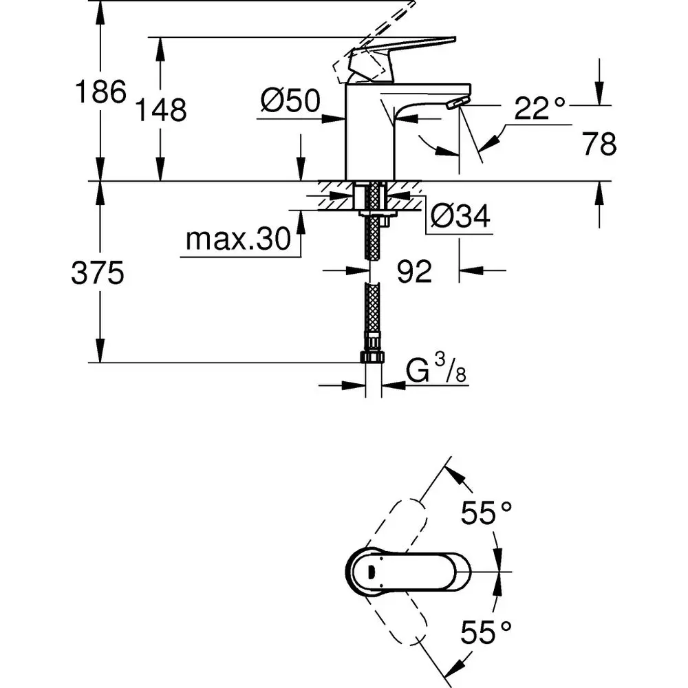 GROHE Waschtisch-Einhebelmischer Eurosmart Cosmopolitan 1/2", S-Size, glatter Körper, chrom -32824000