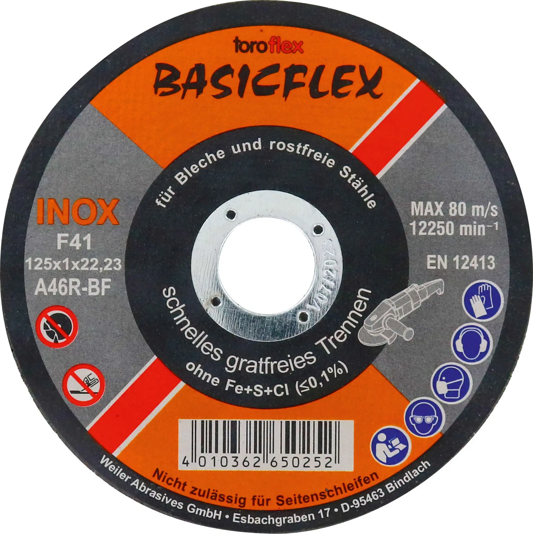 Triuso Trennscheibe EN 12413, für Metall und Inox, max. 13.300 U/min, Ø 125 x 1,0 x 22,23 mm (Dose a 12 Stück)-6502312