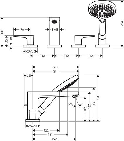 Hansgrohe Fertigmontageset Metropol 4-Loch Wannenrand-Einhebelmischer, mit Hebelgriff, chrom-32552000