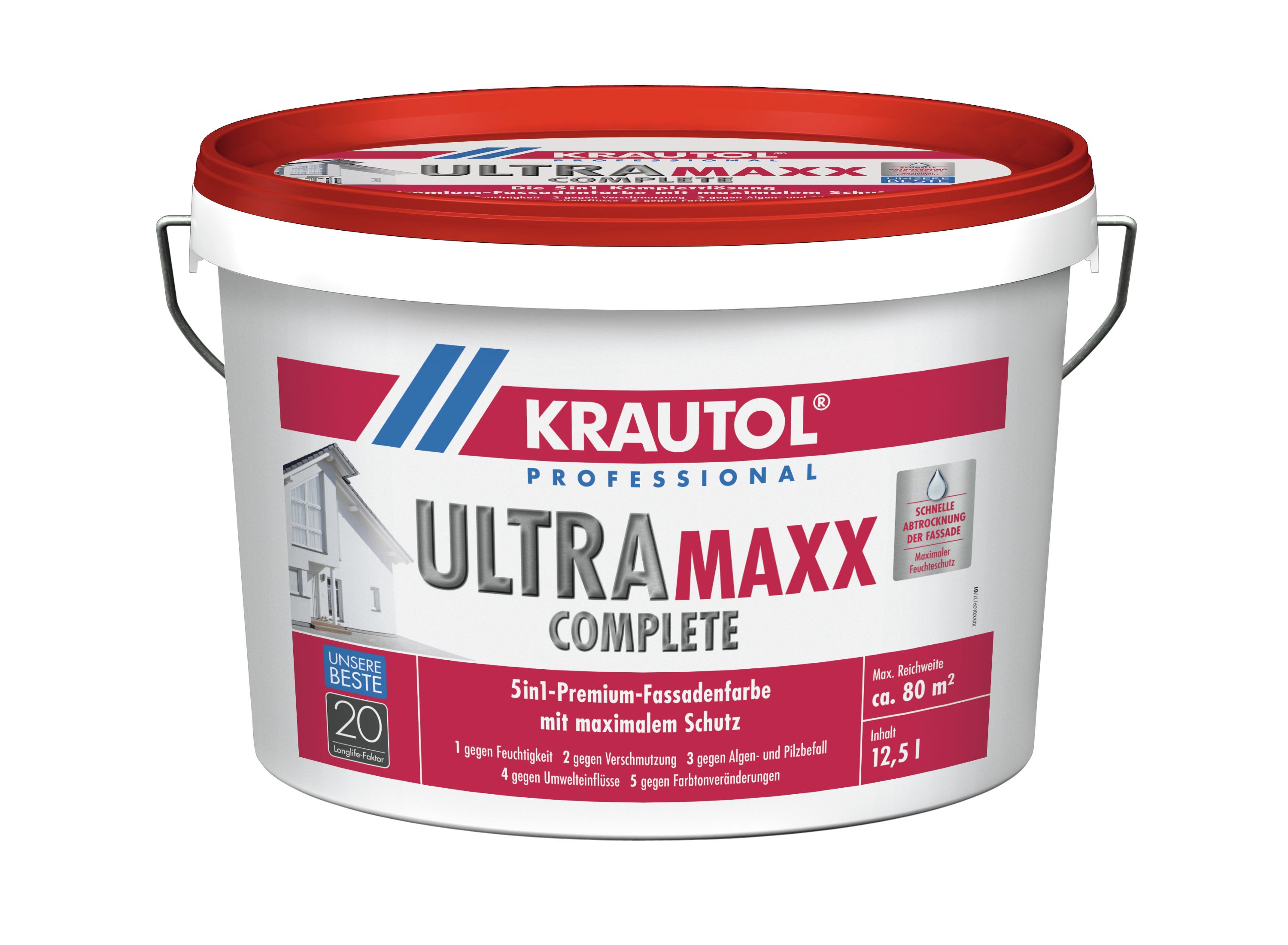 Krautol Premium-Fassadenfarbe ULTRA MAXX COMPLETE 5-in1-Komplettlösung gegen Feuchtigkeit, Verschmutzung, Algen- und Pilzbefall, weiß-935850