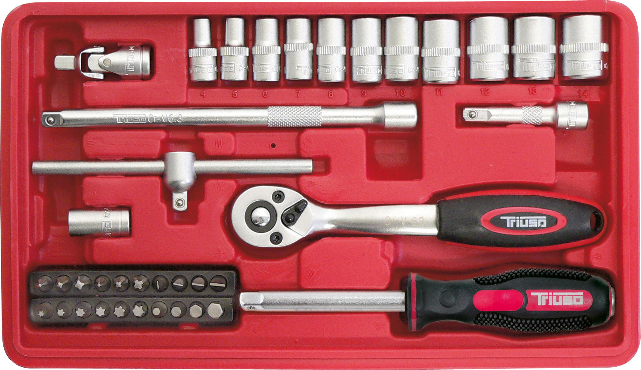 Triuso Steckschlüssel-Satz 38-teilig, Chrom-Vanadium-Stahl, gehärtet, 1/4", im Koffer-STECK38