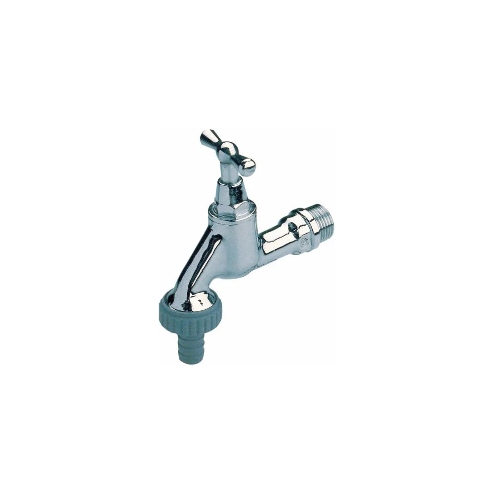 Auslaufventil, Messing, m. Knebelgriff m. Schlauchverschr., pol. verchr., 3/4", -00104 Auslaufventil, Messing, m. Knebelgriff m. Schlauchverschr., pol. verchr., 3/4", -00104