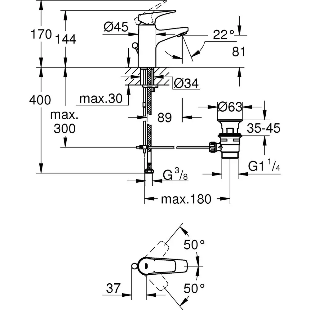 GROHE Waschtisch-Einhebelmischer BauFlow 1/2", S-Size, mit Ablaufgarnitur aus Kunststoff, chrom -23751000